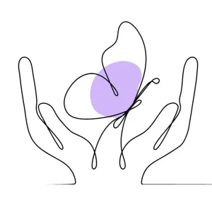 Line illustration of hands gently holding a butterfly